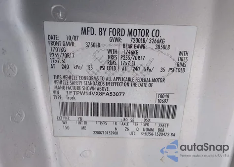 2008 Ford F-150 60Th Anniversary/Fx4/King Ranch/Lariat/Xlt из США, поврежденный, VIN 1FTPW14VX8FA53077